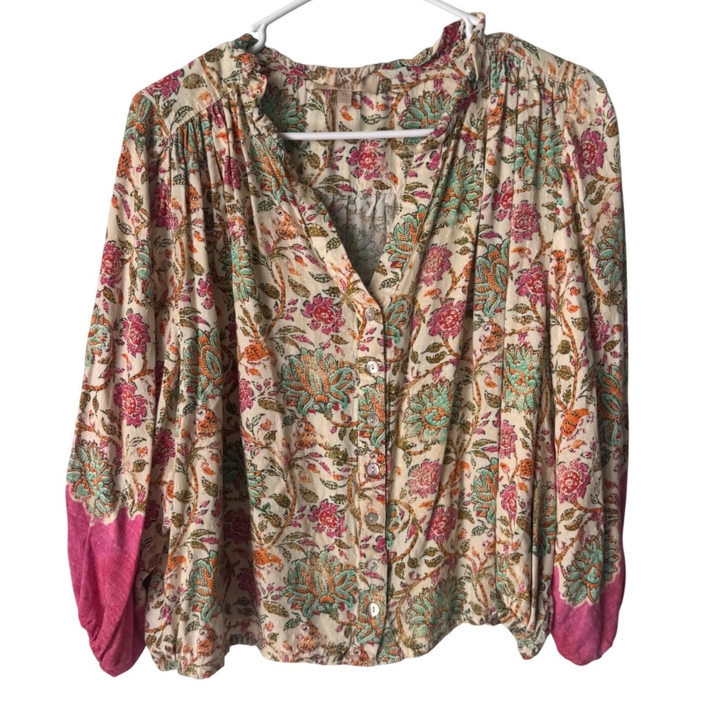 Farmers Market XL Floral Dobby Button Front Boho Blouse Pink Green Cream V-Neck